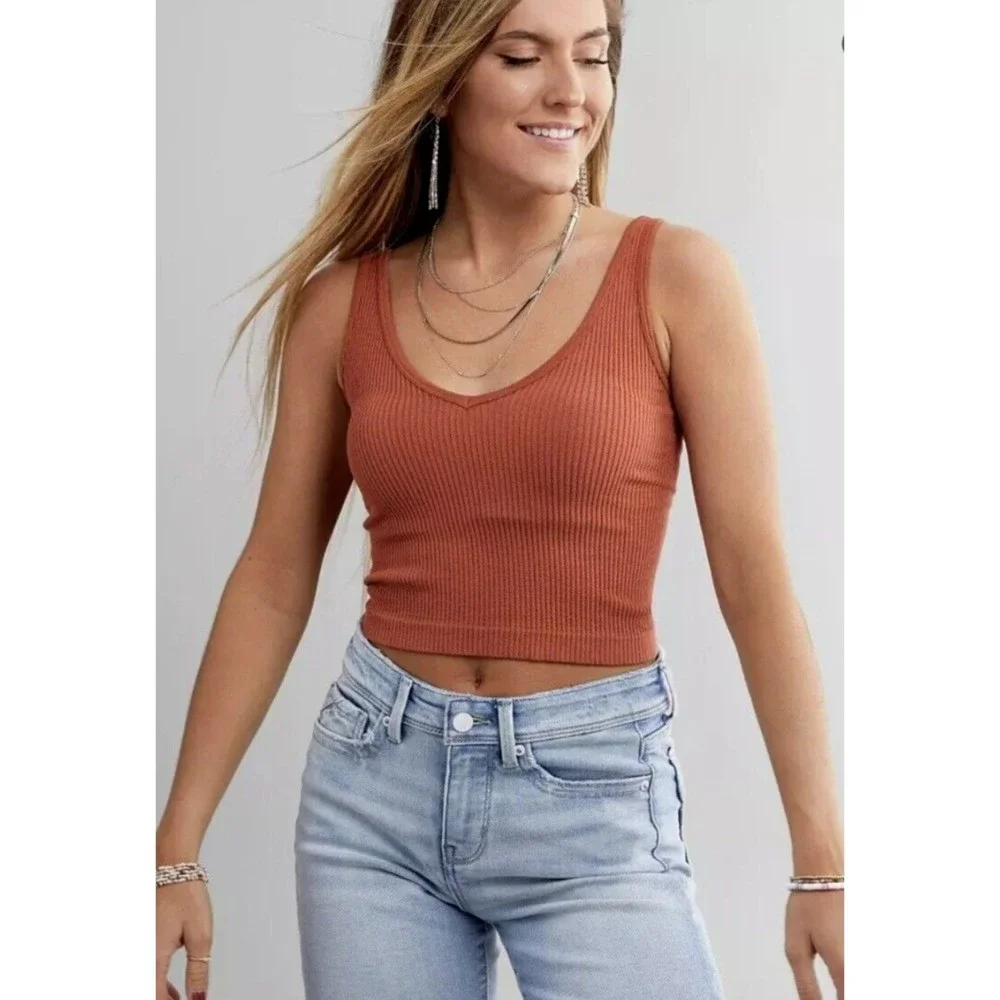 Free People NWT Solid Rib Brami Sleeveless V Neck Stretch Tank Terracotta L New